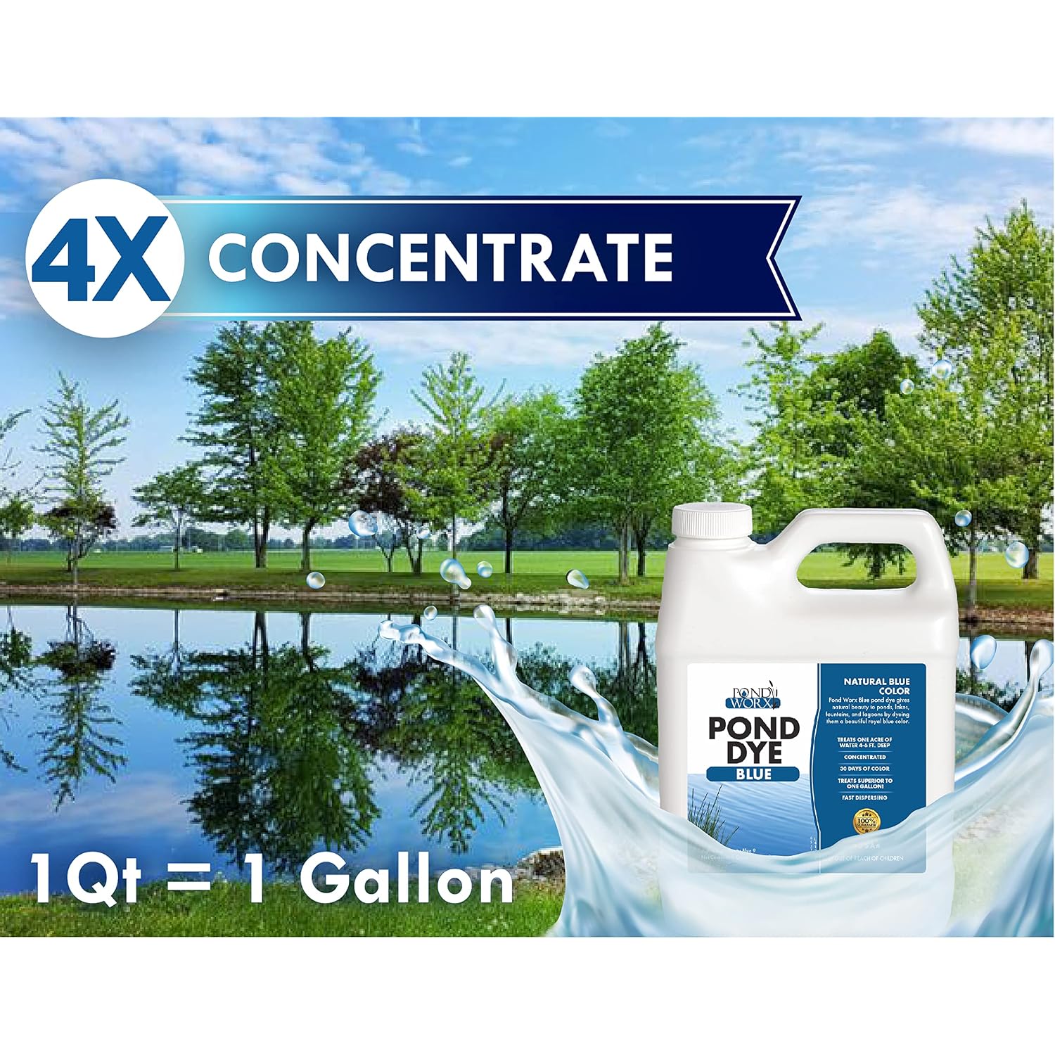 Pond Worx Blue Lake And Pond Dye - 4X Concentrated Liquid Pond Colorant - Treats Up To 1 Acre - 1 Quart