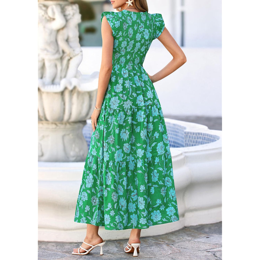 Prettygarden Women'S Boho Floral Maxi Dress 2026 Summer Smocked V Neck Ruffle Sleeve Spring Flowy Beach Vacation Sundresses