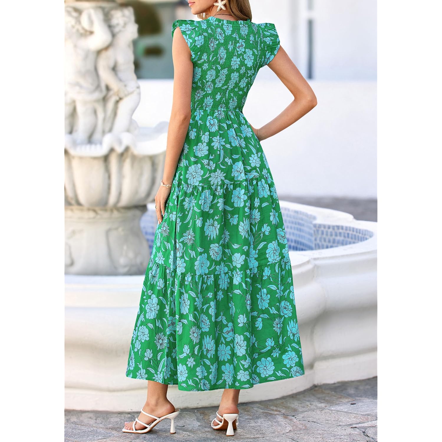 Prettygarden Women'S Boho Floral Maxi Dress 2026 Summer Smocked V Neck Ruffle Sleeve Spring Flowy Beach Vacation Sundresses