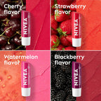 Nivea Lip Care, Fruity Tinted Lip Balm Variety Pack, Cherry, Strawberry, Blackberry And Watermelon Flavors, 3-In-1 Moisture, Repair And Color, 0.17 Oz Stick, Pack Of 4