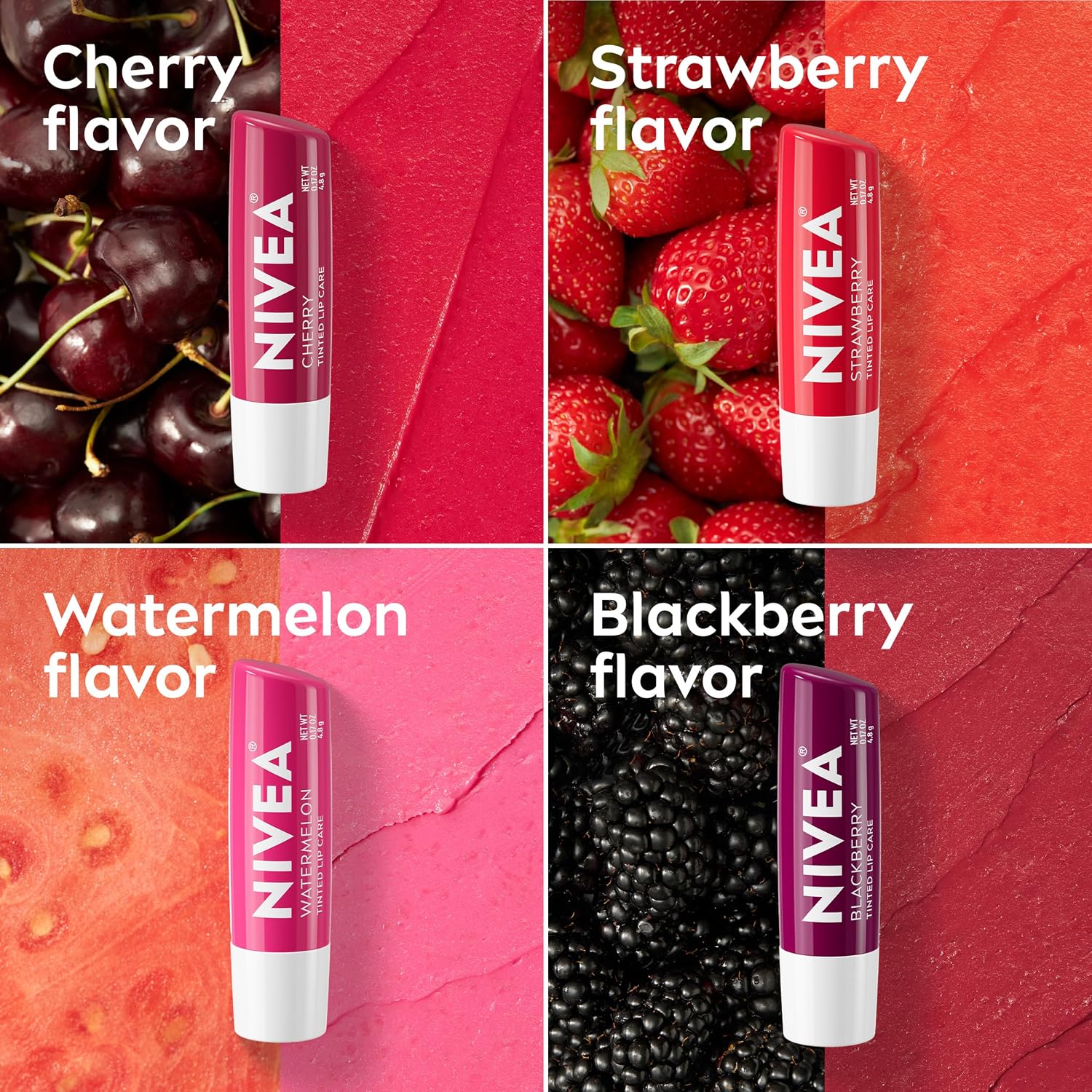 Nivea Lip Care, Fruity Tinted Lip Balm Variety Pack, Cherry, Strawberry, Blackberry And Watermelon Flavors, 3-In-1 Moisture, Repair And Color, 0.17 Oz Stick, Pack Of 4