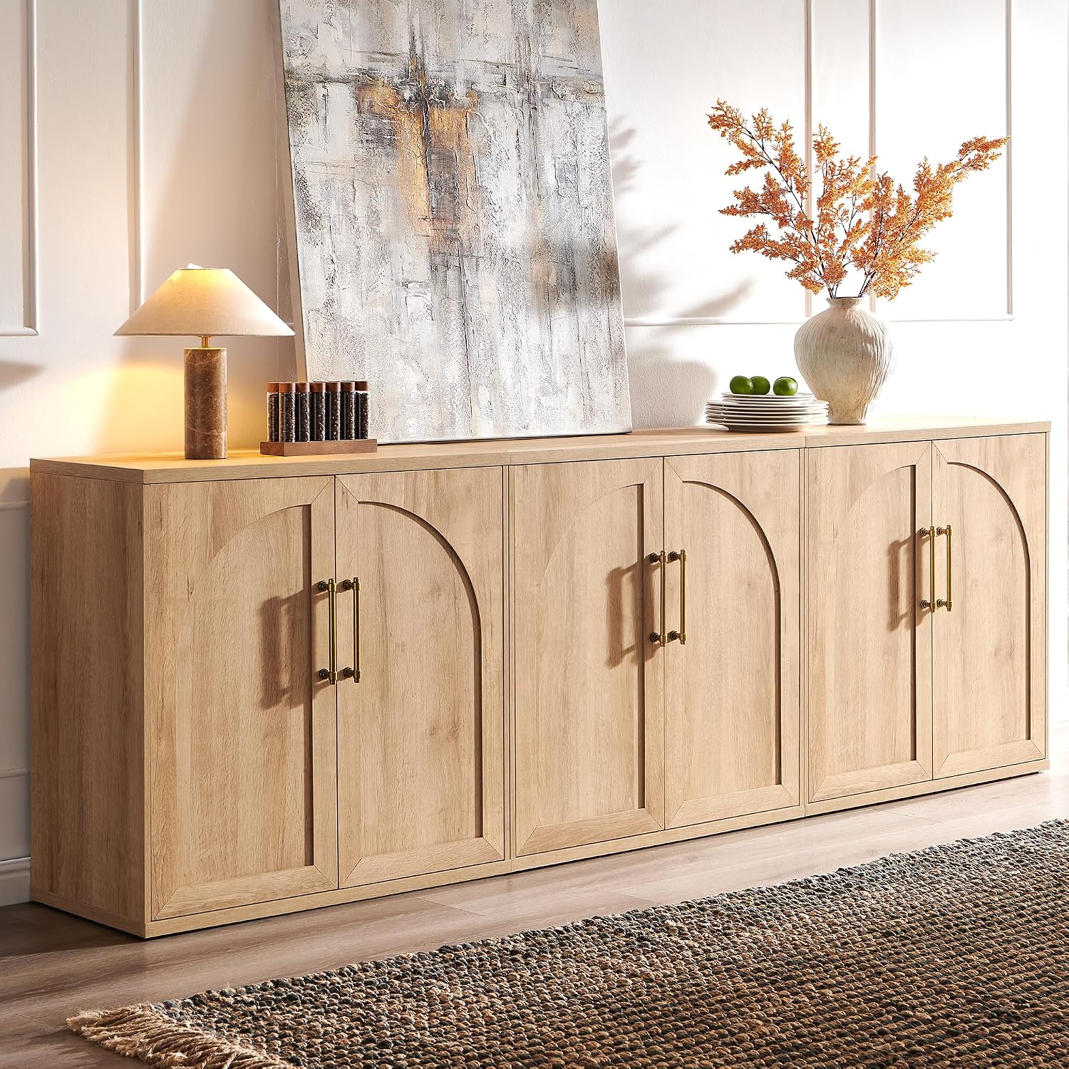 Arched Door Sideboard Buffet Cabinet Set Of 3, Natural Oak | Modular, Multi-Compartment Storage, Adjustable Shelf, Soft Close Hinges, Freestanding, For Dining Room, Living Room