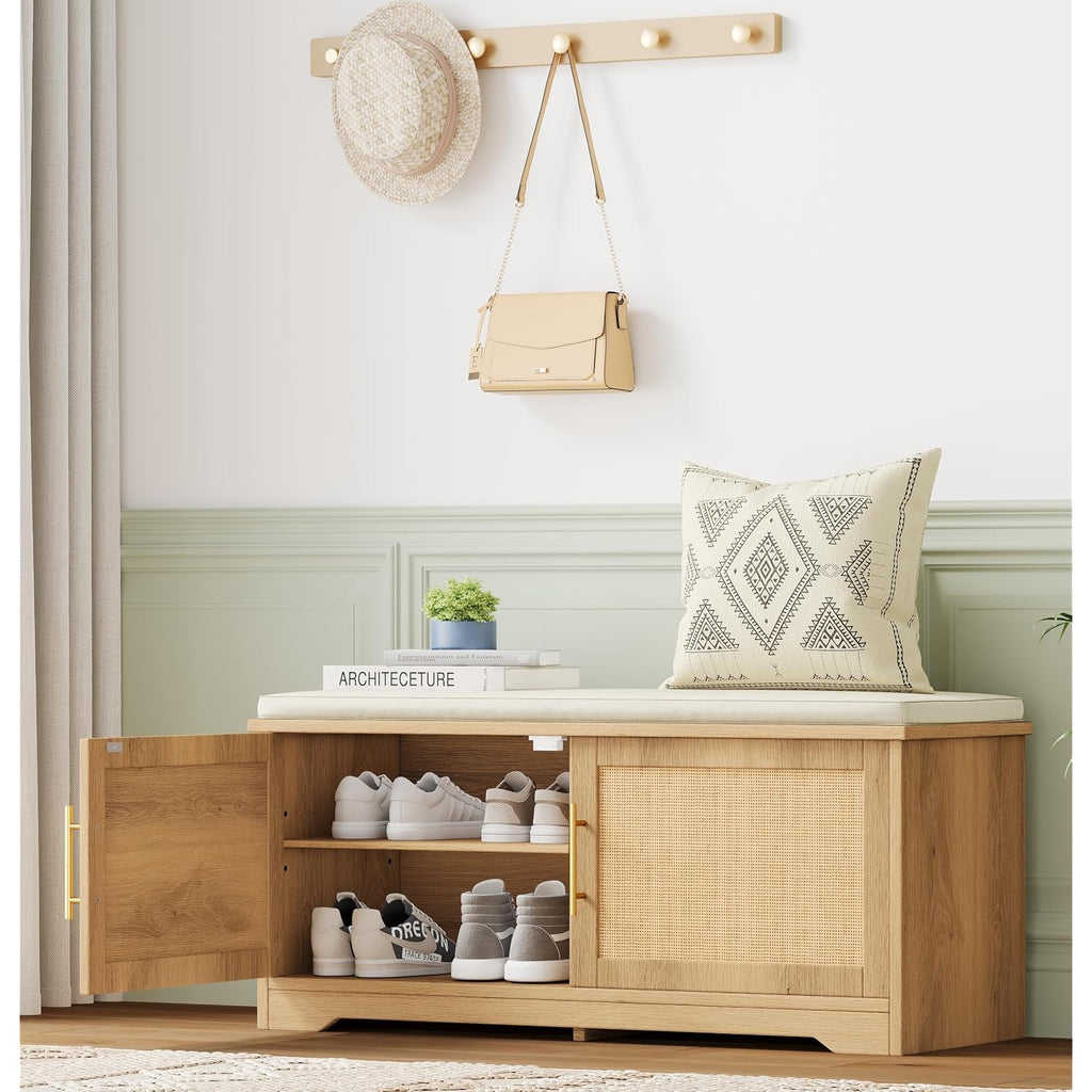 Rattan Shoe Storage Bench, 39.4" Wide Entryway Bench, Natural Oak | Hidden Shoe Organizer Cabinet With Cushion, Shoe Rack Bench With Adjustable Shelves, For Hallway Living Room, Natural Oak
