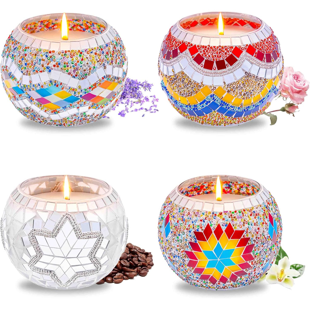 Rancco Handmade Mosaic Glass Tealight Candle Holder Set - 4 Pack with 10.5 oz Long-Lasting Soy Wax Scented Candles - Perfect Aromatherapy Gifts for Women, Moms, Birthdays, Spa Days, and Christmas