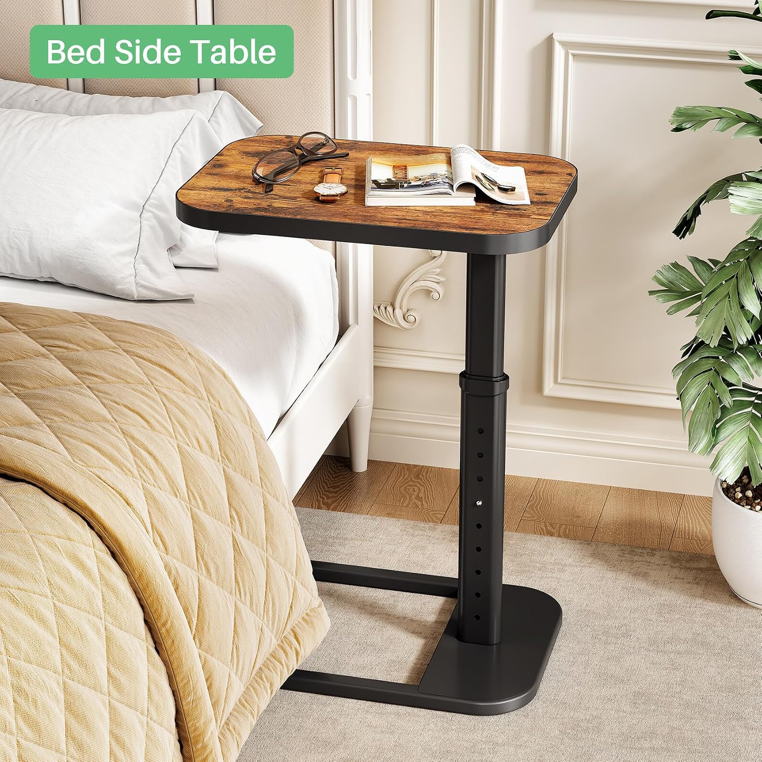 Kitstorack Adjustable Height C-Shaped End Table, 9-Level Side Table With Thickened Metal Rounded Edge, Couch Table Slides Under Sofa Or Bed, Eating, Working, Tv Tray Table For Small Spaces, Brown