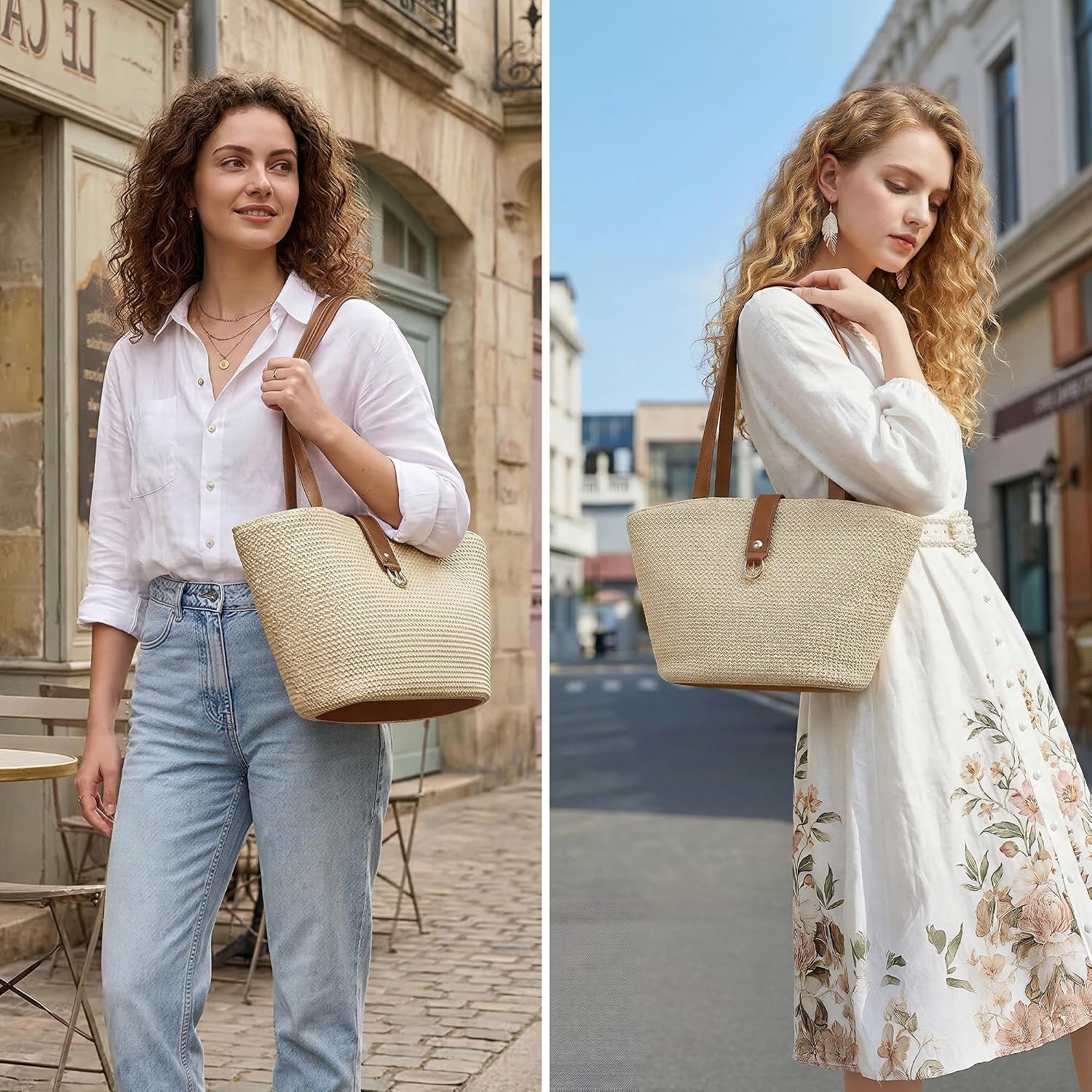 Straw Tote Bag For Women, Woven Raffia Straw Purse, Boho Beach Bag With Pu Handle, Summer Vacation Resort Shoulder Bag