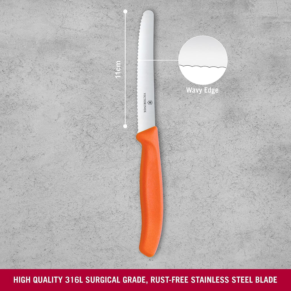 Victorinox Swiss Classic 4 In Serrated Round Tip Tomato & Table Knife | Sharp Wavy Edge Stainless Steel Blade With A Durable, Dishwasher Safe Polypropylene Handle For Precise Vegetable Slicing