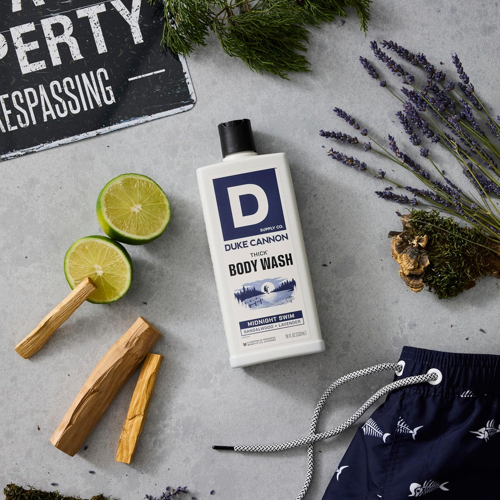 Duke Cannon Supply Co. Thick High Viscosity Body Wash - 3X Thicker, Cleansing Shower And Bath Gel, Mineral-Enriched Body Wash For Men - Sandalwood + Lavender - Mens Body Scrub - Midnight Swim (18 Oz)