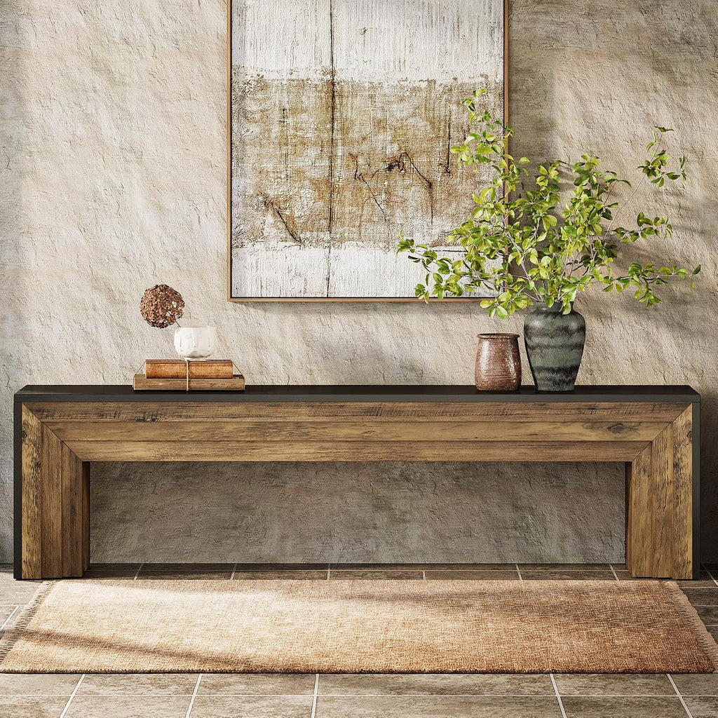 Tribesigns 71" Extra Long Entryway Bench, Farmhouse Bed Bench (Black&Brown) | Modern Wooden Shoe Bench Indoor Seating With Layered Design For Hallway, Bedroom, Living Room, Sofa Back, Dining Room