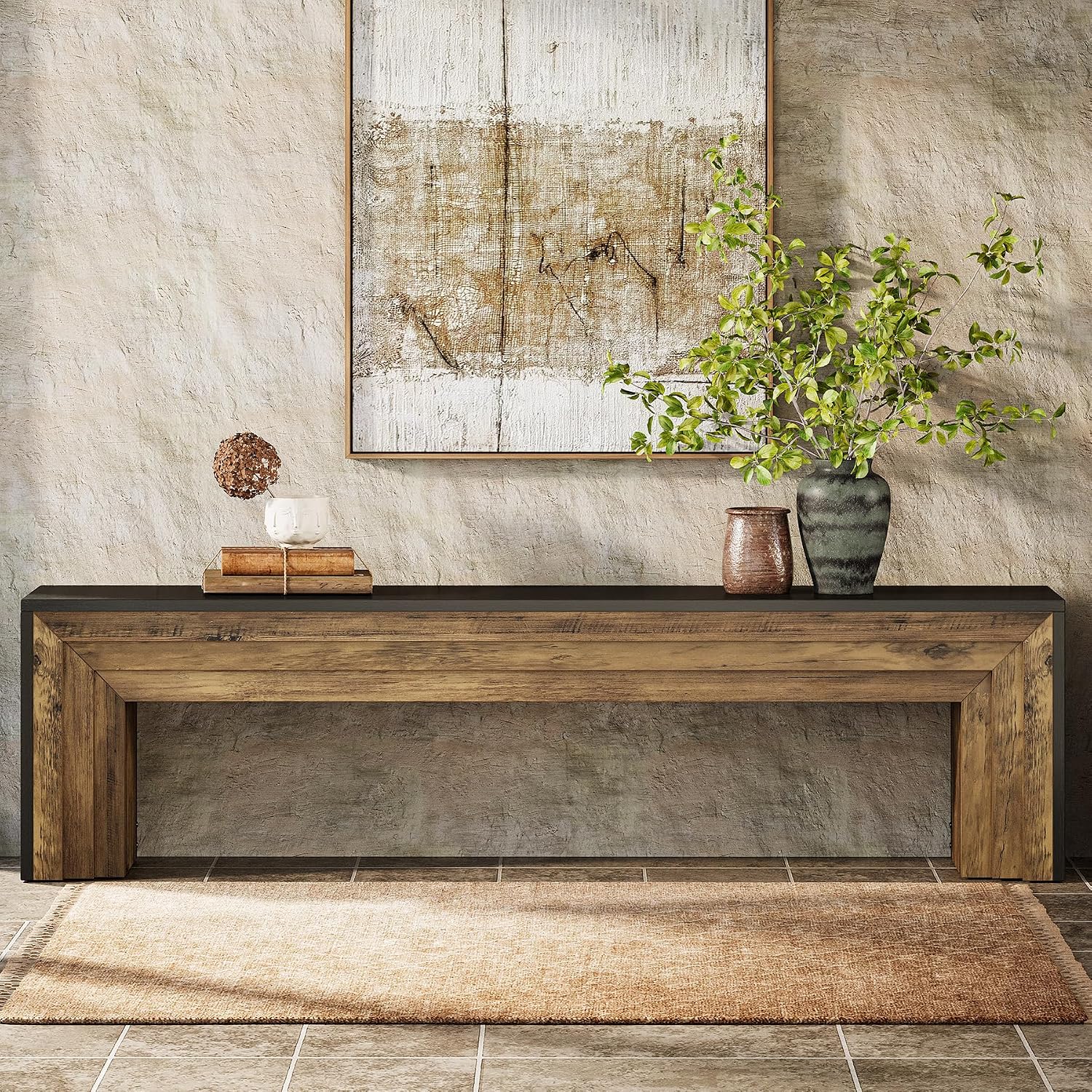 Tribesigns 71" Extra Long Entryway Bench, Farmhouse Bed Bench (Black&Brown) | Modern Wooden Shoe Bench Indoor Seating With Layered Design For Hallway, Bedroom, Living Room, Sofa Back, Dining Room