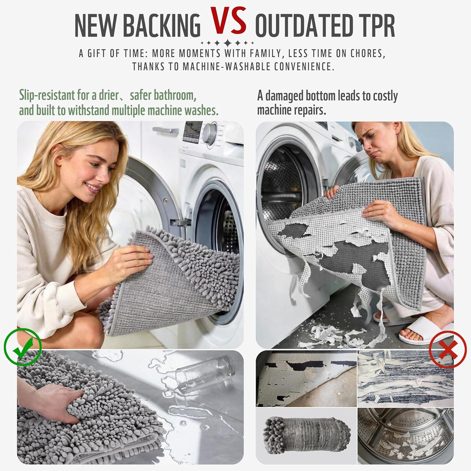 Yimobra Bathroom Rugs Non-Slip Washable – Extra Soft & Absorbent Chenille Bath Mat, Quick-Dry Plush Shaggy Floor & Vanity Bath Rugs for Tub & Shower, Modern Home Decor Accessories, 24 x 17, Grey