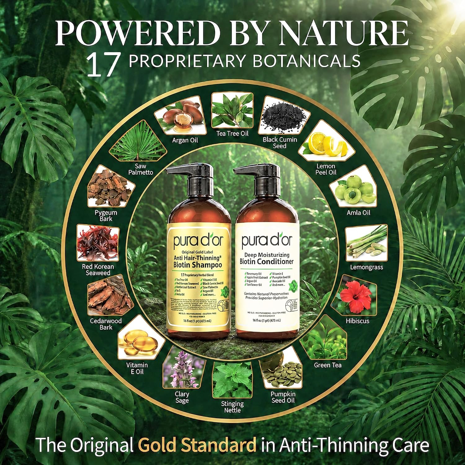 Pura D'Or Anti-Thinning Biotin Shampoo & Hair Regrowth Conditioner, Clinically Tested Effective Results, Thickening Herbal Blend For Women & Men, Original Gold Label Set, Natural Earthy Scent, 16Oz X2