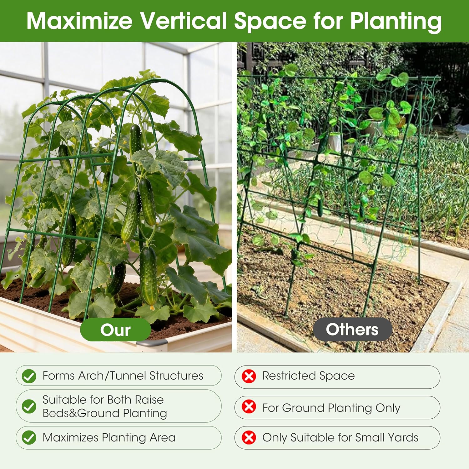 Cucumber Trellis For Raised Bed,U-Shape Garden Trellis For Climbing Plants Outdoor, Metal Arch Vegetables Trellis, Plant Support For Vine (Green, 47.2X47.2 X21.6)