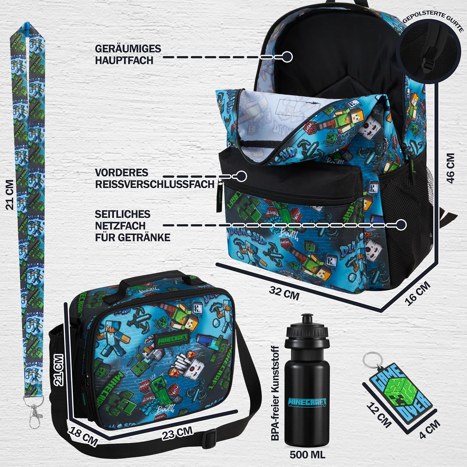 Get Trend Minecraft Kids Backpack Set For Boys With Insulated Lunch Bag, Water Bottle, Lanyard, & Charm, 5 Pc Book Bag With Padded Straps For School, Travel, Creeper Gamer Gifts (Multi Minecraft)
