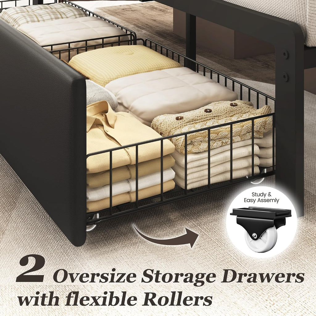 Queen Bed Frame With 2 Storage Drawers, Upholstered Headboard Button Tufted Bed Frame With Charging Station, No Box Spring Needed, Noise-Free, All Metal Structure, Black