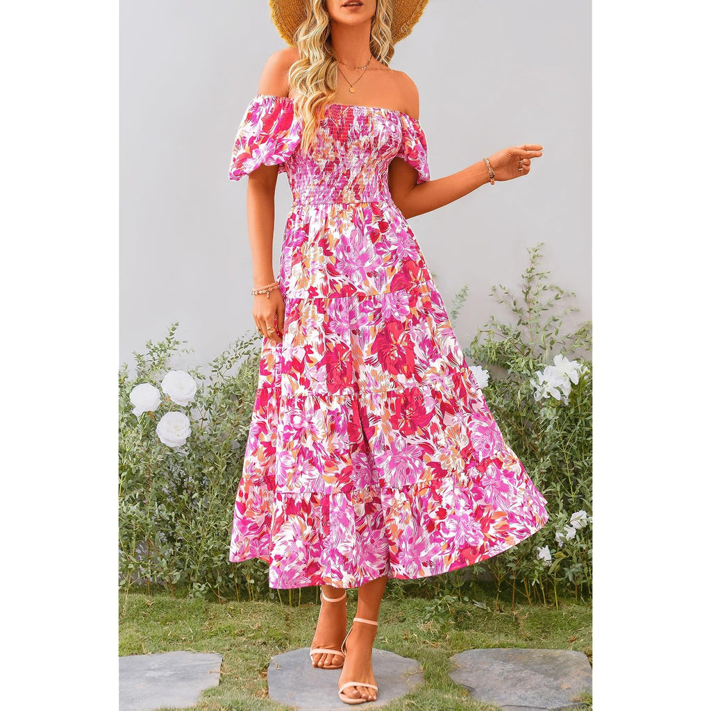 Prettygarden Women'S Casual Summer Midi Dress Puffy Short Sleeve Square Neck Smocked Tiered Ruffle Dresses