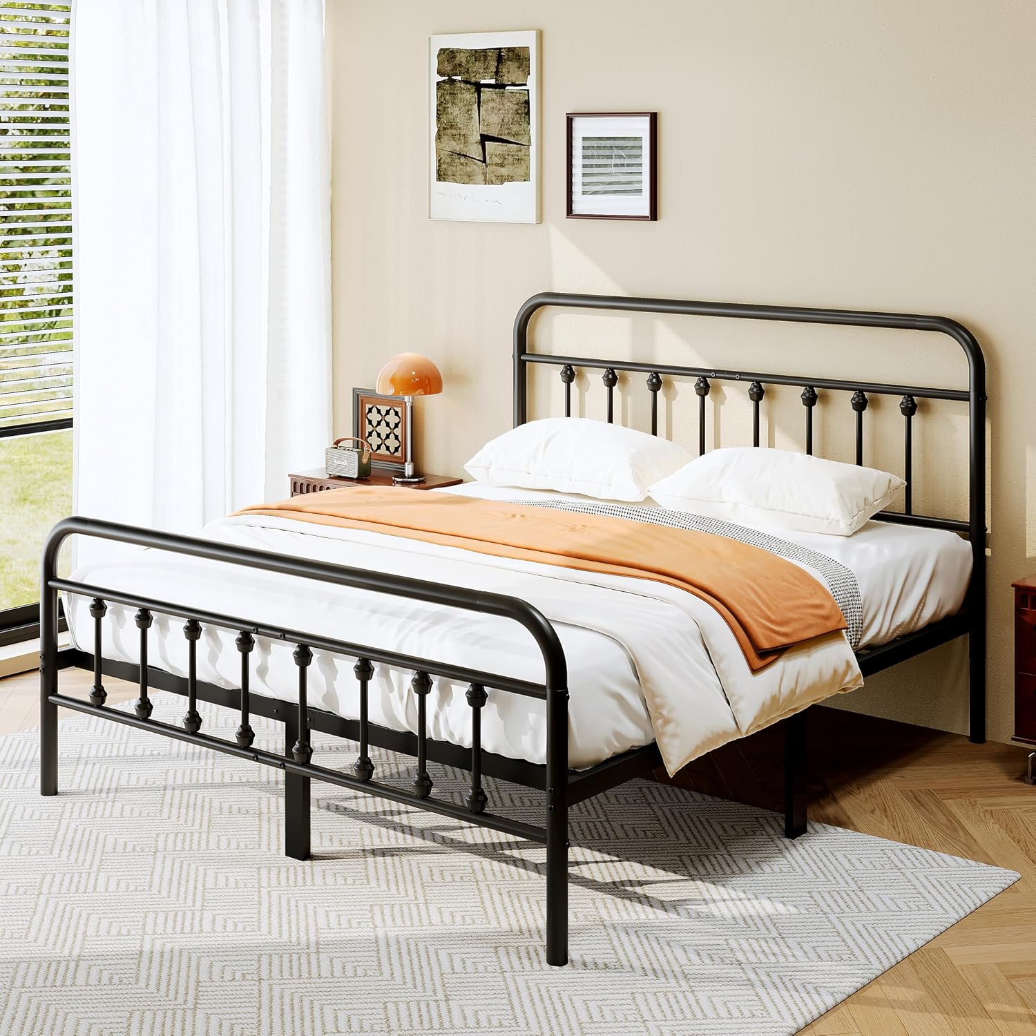 Zunatu Queen Size Metal Platform Bed Frame/Victorian Style Headboard And Footboard/Steel Slat Support/Easy Assembly/No Box Spring Needed/Underbed Storage/Noise Free/Black