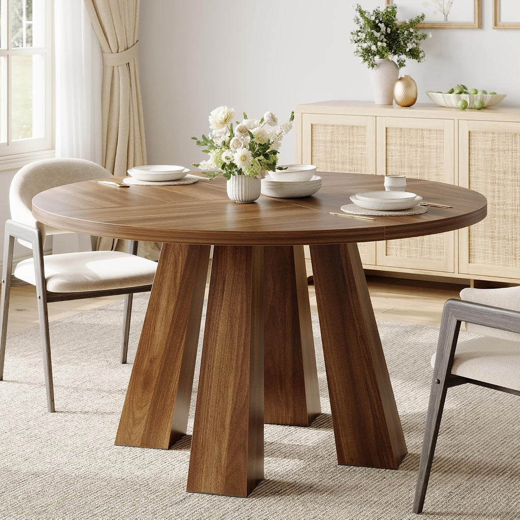Idealhouse 47" Round Dining Table For 4-6, Farmhouse Wood Kitchen Table | Accent Furniture With Wooden Tabletop & 4 Sturdy Legs, Circle Dinner Table For Dining Room, Living Room, Walnut