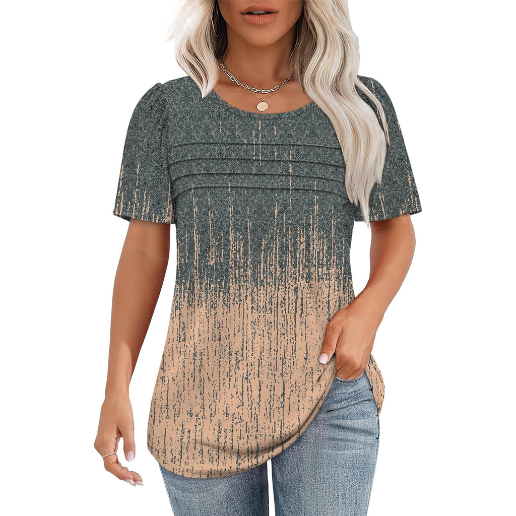 Womens T Shirts Short Sleeve Tops Dressy Casual Blouses Spring Summer Outfits Flowy Pleated Front Scooped Neck