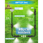 Misters For Outside Patio 89Ft(27.3M)+34 Brass Mist Nozzles+A Brass Adapter(3/4") Detachable Outdoor Misting Cooling System For Garden, Waterpark, Greenhouse, Backyard