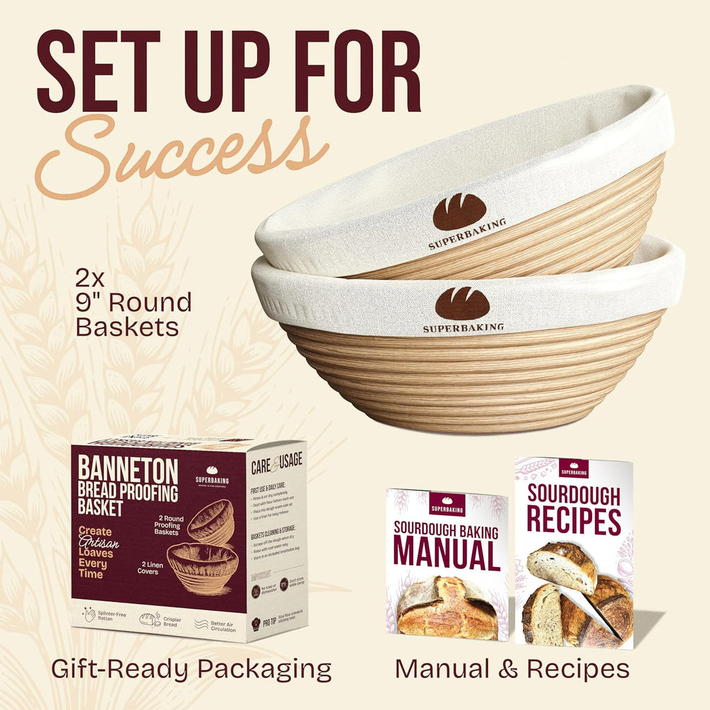 Superbaking Sourdough Starter Kit, 9" Round Banneton Bread Proofing Basket Set Of 2, Sourdough Bread Baking Supplies, Sourdough Tools With Silicone Bread Sling, Bread Making Tools, Baking Gifts
