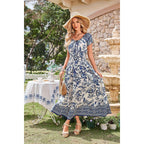 Ostoo Women'S Floral Maxi Dress Boho Summer Short Sleeve Smocked Waist Tiered Long Dress
