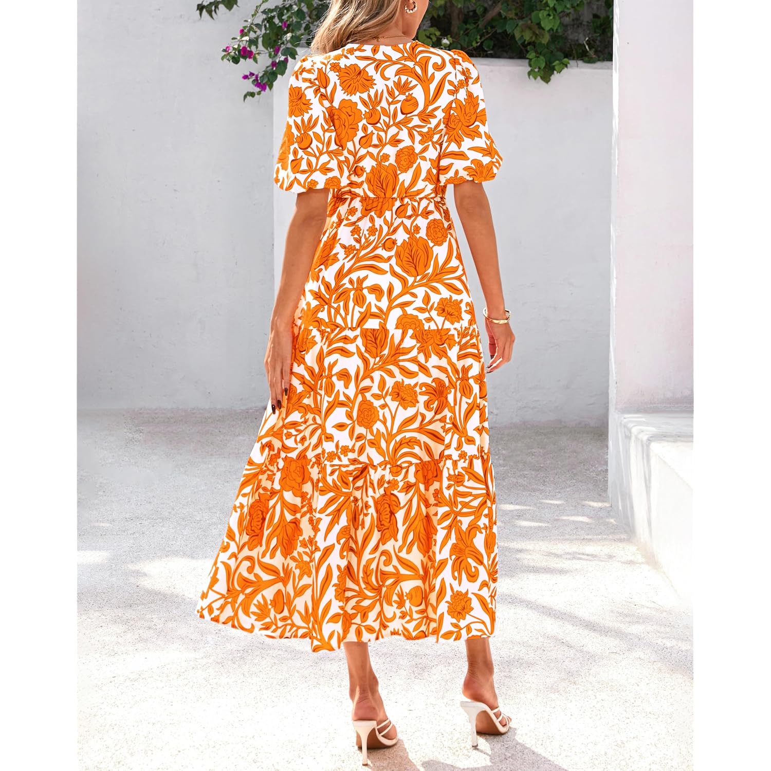 Dowerme Womens Summer Dresses 2026 Casual Puff Short Sleeve V Neck Floral Boho Tiered Ruffle Maxi Dress With Pockets