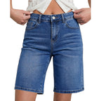 Bermuda Shorts for Women High Waisted Classic Casual Long Jean Shorts Stretchy Denim Jorts with Pockets