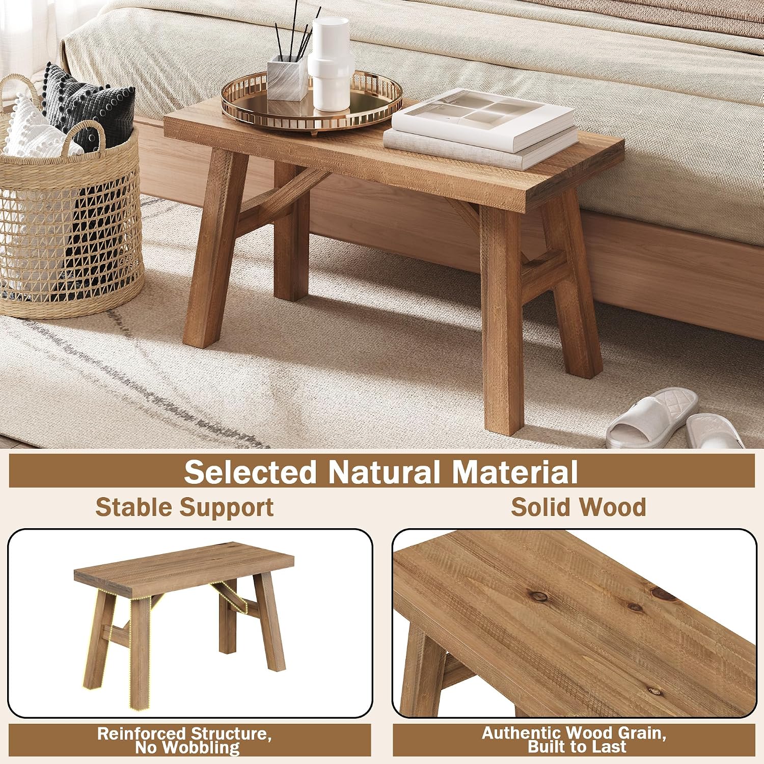 Wnutrees Sawmill Solid Wood Bench, 30" Farmhouse Entryway Bench, Natural | Rustic Hallway Seat For End Of Bed, Living Room, Dining Area, Handcraft Finish