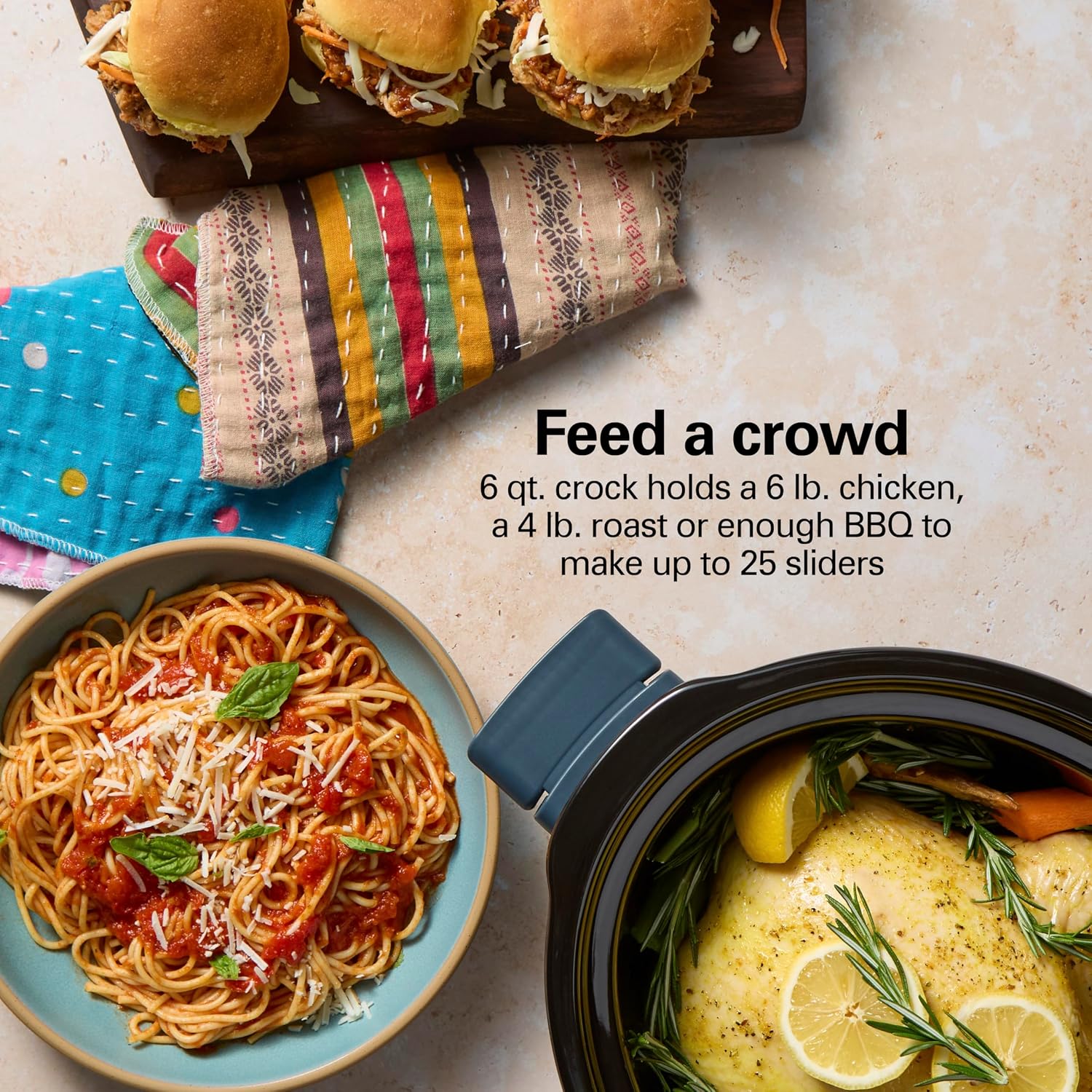 Hamilton Beach 6 Quart Slow Cooker With Space-Saving Folding Handles | 3 Heat Settings | Dishwasher Safe Stoneware Crock & Glass Lid | Kitchen Makeover Blue | 33608