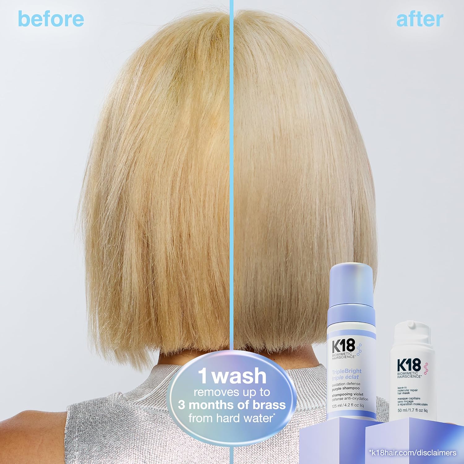 K18 TripleBright Oxidation Defense Purple Shampoo - Non-Staining Blonde Shampoo for All Highlighted + Lifted Hair Tones - Removes + Helps Prevent Brass for Brighter, Longer-Lasting Blonde (4.2 Fl oz)