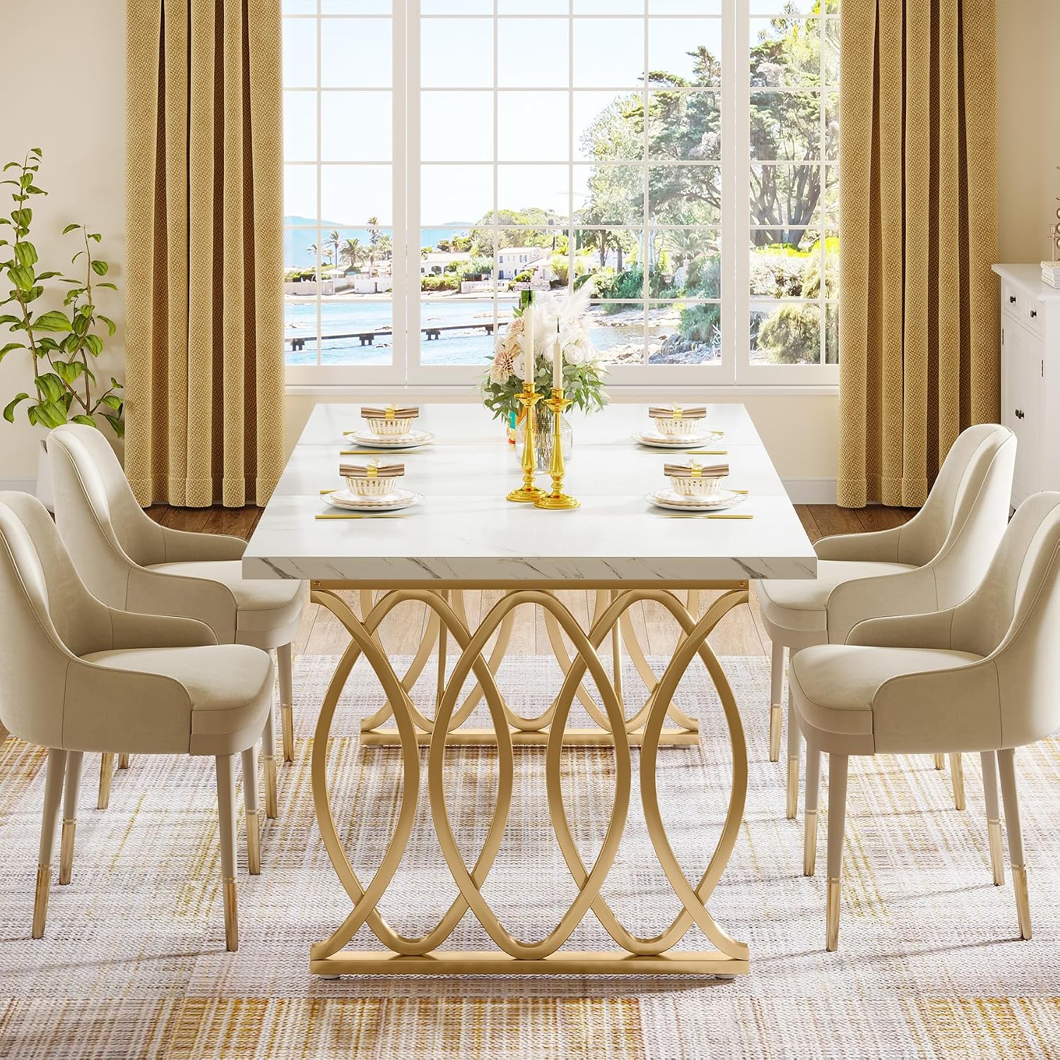 Tribesigns 63" Dining Table For 4 To 6, White And Gold Kitchen Table | Modern Large Rectangular Dinner Table Kitchen & Dining Room Furniture With Faux Marble Tabletop And Geometric Legs