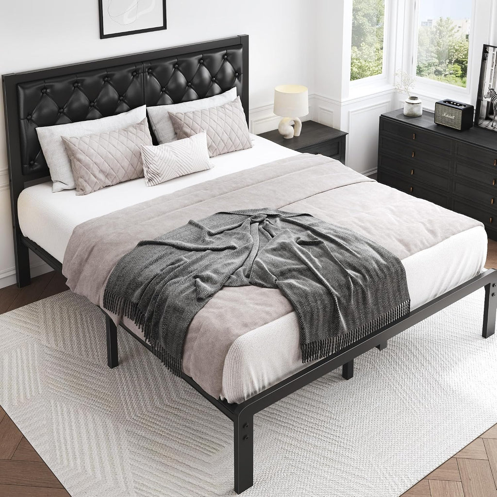 Hisoft Queen Bed Frame With Upholstered Button Tufted Headboard, Bed Frame Platform Metal Slats Support, Under Bed Storage, No Box Spring Needed, Noise-Free, Easy Assembly, Black