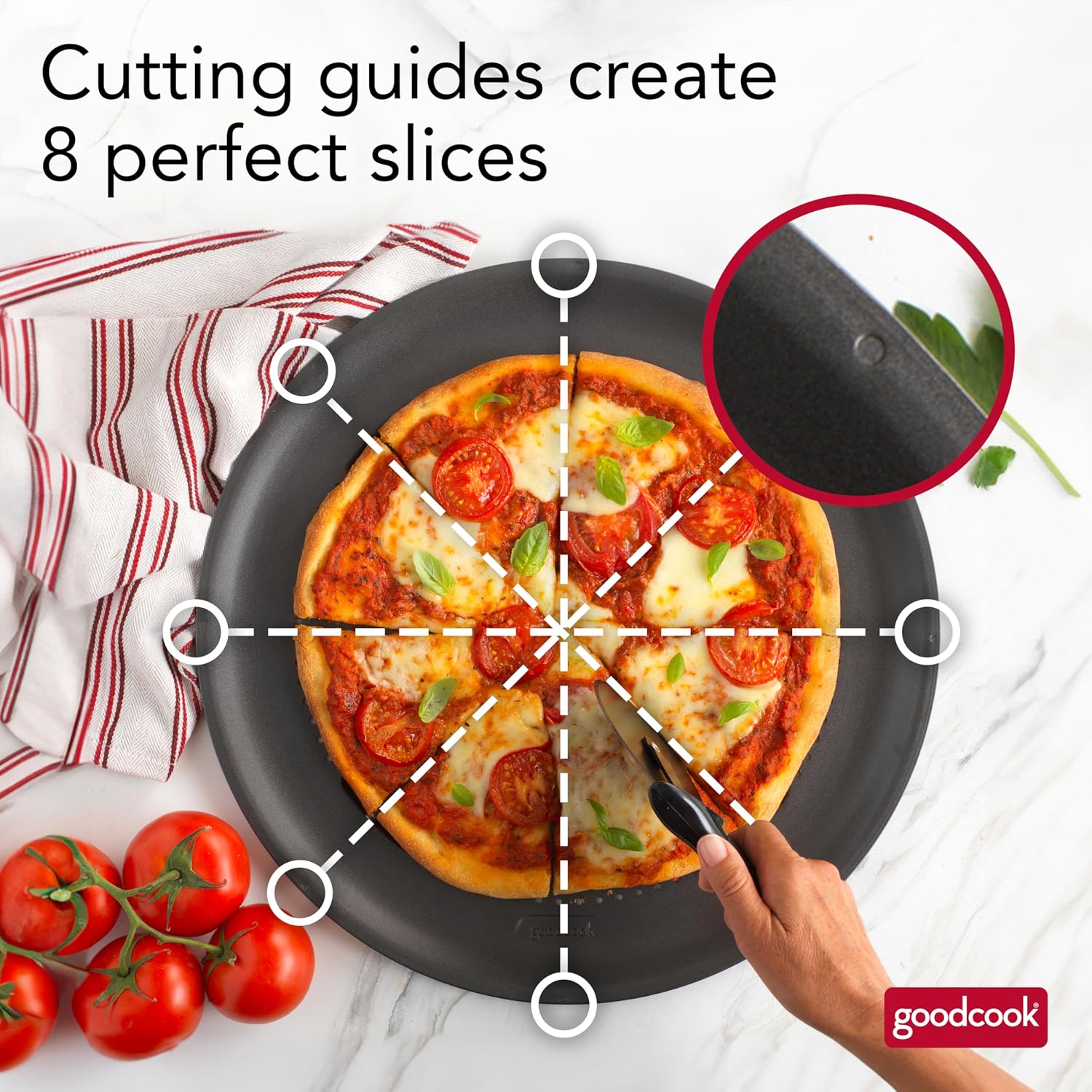 Goodcook Airperfect Insulated Nonstick Carbon Steel Pizza Pan With Cutting Guides, Perforated Nonstick Pizza Pan, 15.75-Inch, Gray