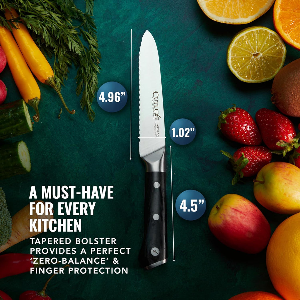 Cutluxe Serrated Tomato Knife – 5" Kitchen Utility Knife For Vegetables, Fruit & Bread – Razor Sharp Forged High Carbon German Steel, Full Tang, Ergonomic Pakkawood Handle – Artisan Series
