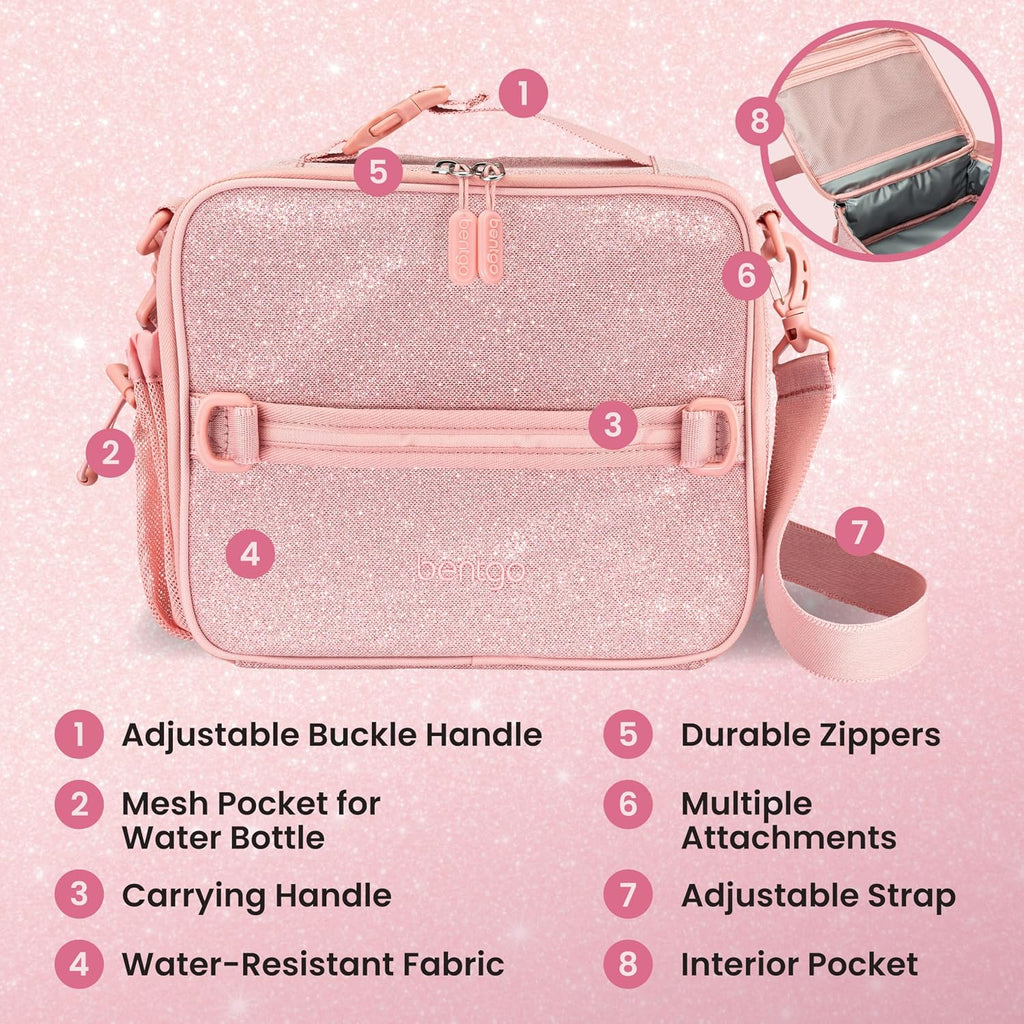 Bentgo Prints Kids Lunch Bag - Double-Insulated, Reusable, For Kids 3+, Adjustable Strap; Holds Kids Lunch Box/Water Bottle; Easy-Clean, Water-Resistant, Pockets (Glitter - Petal Pink)