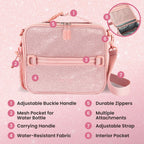 Bentgo Prints Kids Lunch Bag - Double-Insulated, Reusable, For Kids 3+, Adjustable Strap; Holds Kids Lunch Box/Water Bottle; Easy-Clean, Water-Resistant, Pockets (Glitter - Petal Pink)