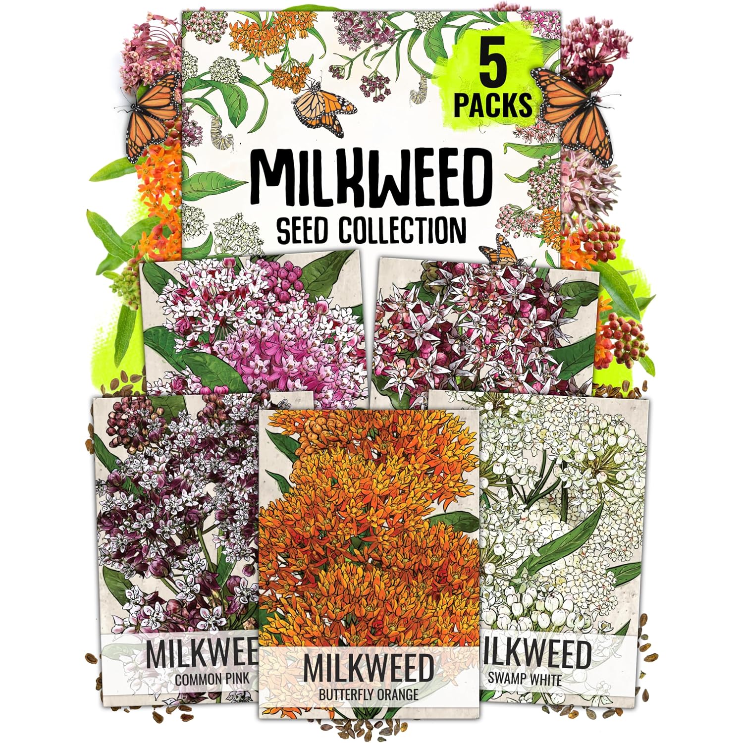 Seed Needs Milkweed Seeds For Planting A Butterfly Garden To Attract Monarch Butterflies - Collection Of Pink, Orange & White Asclepias Milk Weed Variety Pack (5 Packs)