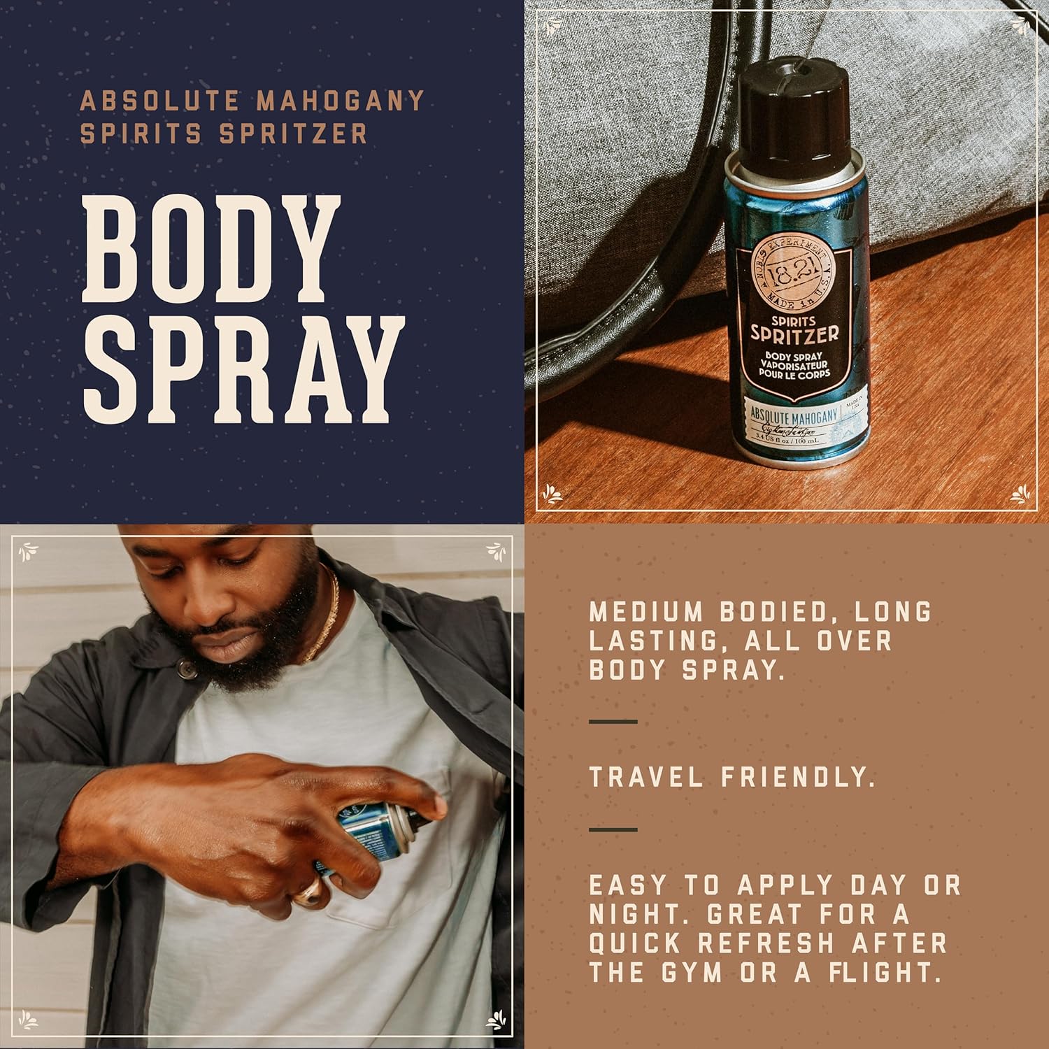 18.21 Man Made Men’s Spirits Spritzer, 3.4 oz. - Long-Lasting All Over Body Spray with Masculine Aromatics - Gifts for Him