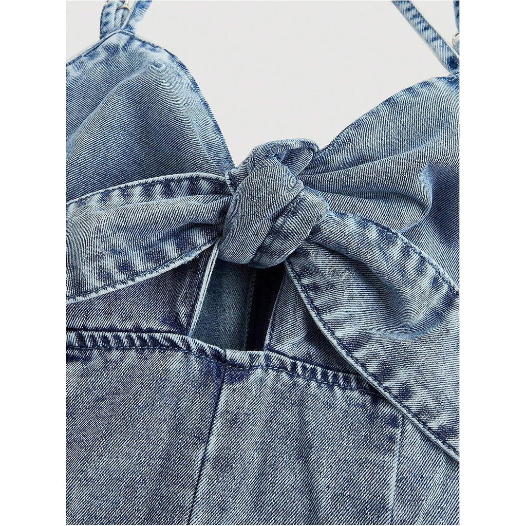 Oyoangle Women'S Vintage Bowknot Spaghetti Strap Denim Romper Sleeveless Wide Leg Jean Short Jumpsuits
