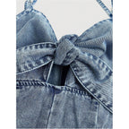 Oyoangle Women'S Vintage Bowknot Spaghetti Strap Denim Romper Sleeveless Wide Leg Jean Short Jumpsuits