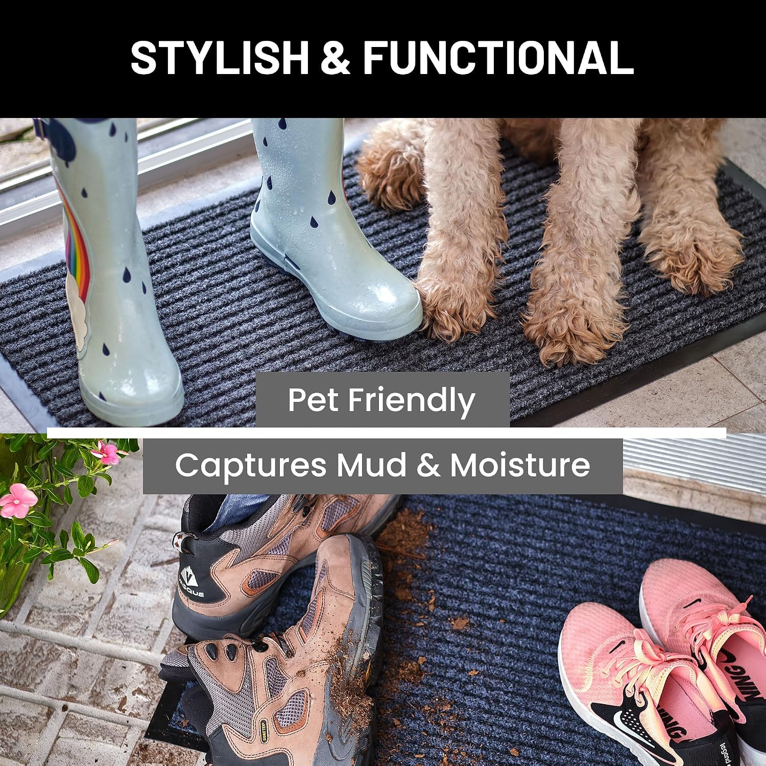 Front Door Mat, Indoor Outdoor Welcome Entryway Doormat, 30X17 Steel Gray | 2-Pack Low-Profile Muddy Doormats Trap Dirt, Mud & Moisture From Shoes & Pet Paws For Inside Outside Porch, Patio & Entryways