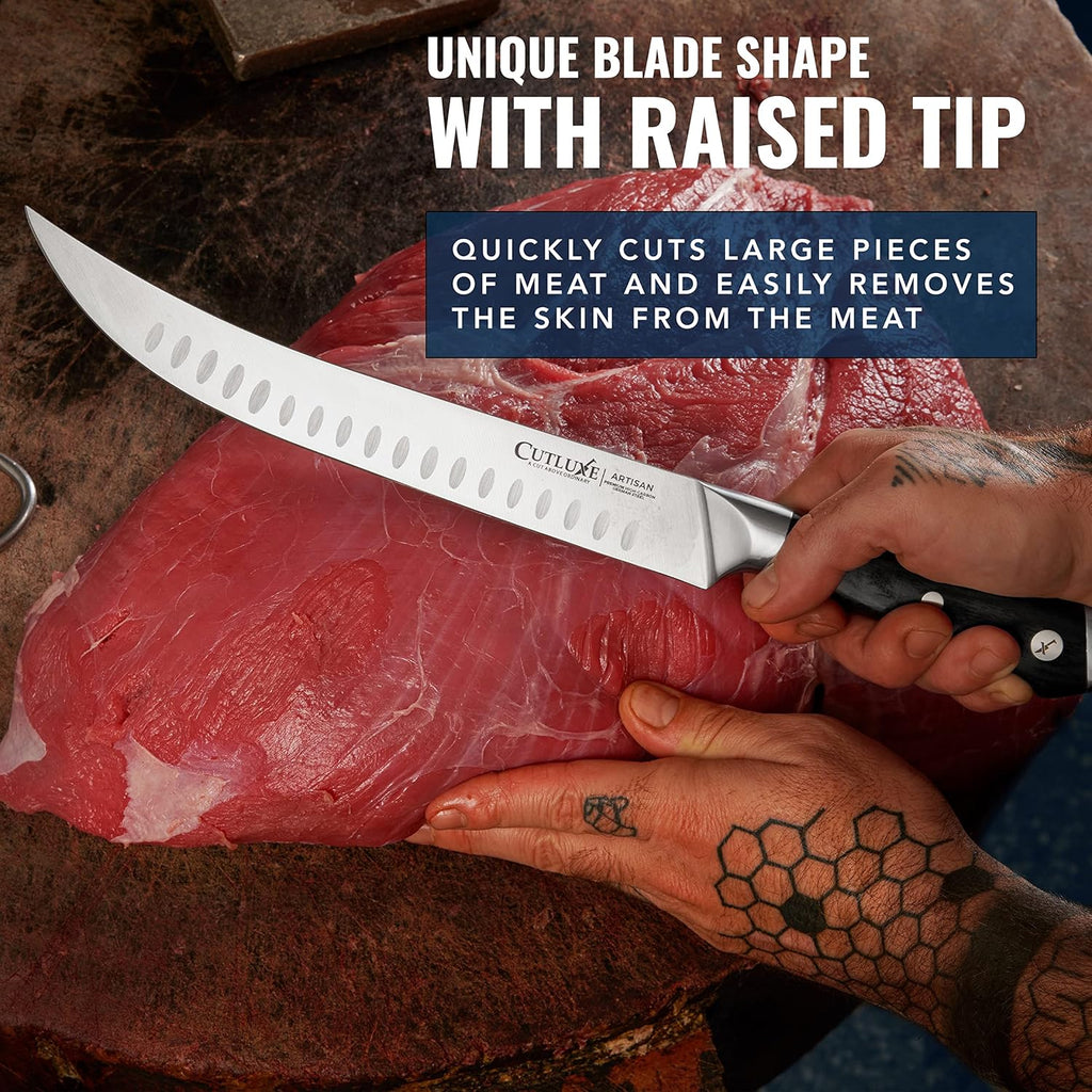 Cutluxe Butcher Knife – 10″ Cimeter Breaking Knife, Razor Sharp Forged High Carbon German Steel, Full Tang Meat Carving Knife, Ergonomic Handle Design, Grilling Gifts for Men – Artisan Series