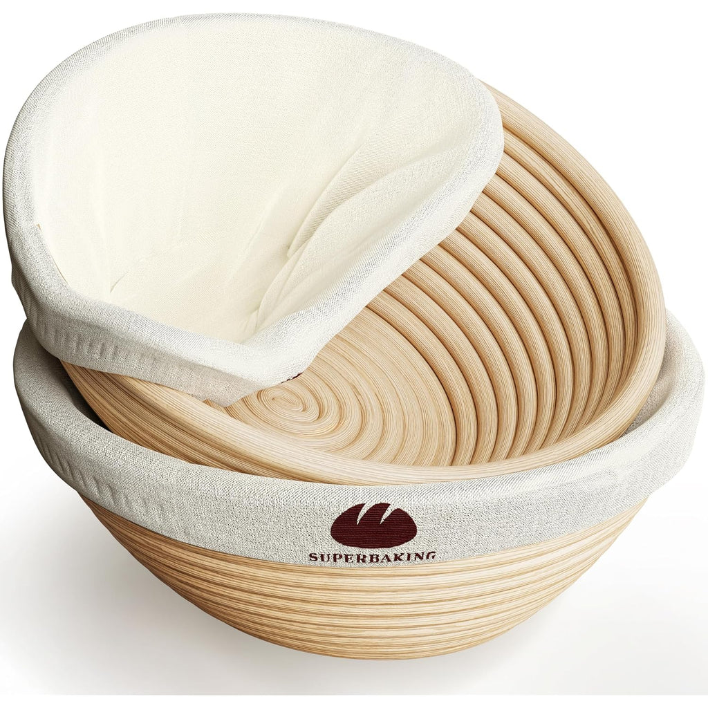 Superbaking Sourdough Starter Kit, 9" Round Banneton Bread Proofing Basket Set Of 2, Sourdough Bread Baking Supplies, Sourdough Tools With Silicone Bread Sling, Bread Making Tools, Baking Gifts