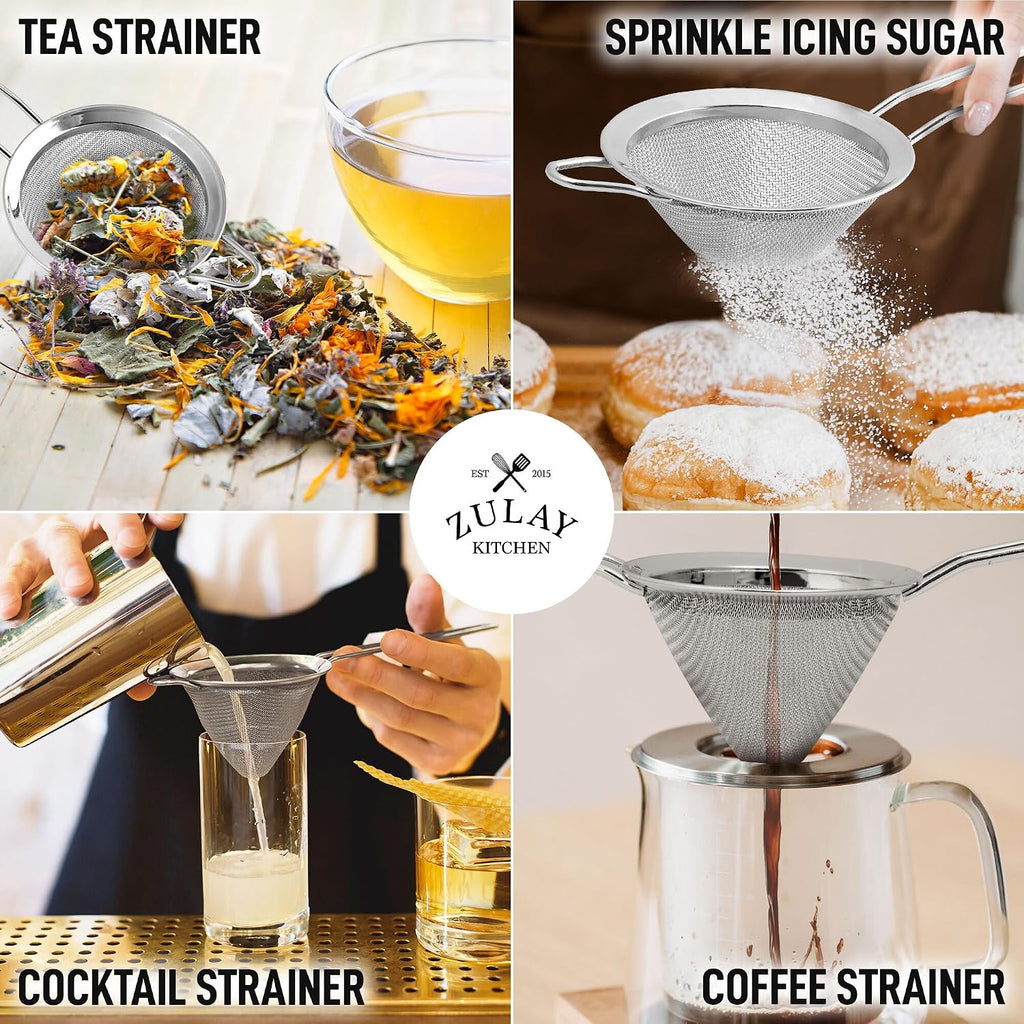 Zulay Kitchen 304 Stainless Steel Fine Mesh Strainer 3.35 In - Strainers Fine Mesh, Tea Strainers For Loose Tea - Perfect For Tea, Cocktails, Juicing, Drinks, Liquids, Matcha, Coffee & More