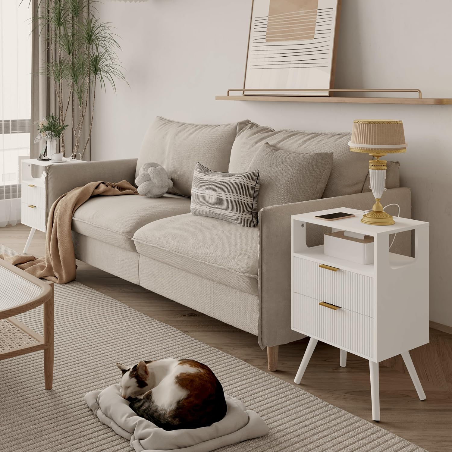 White Nightstand With Charging Station And Led Lights,Modern Bedside Table With 2 Storage Drawer And Open Wood Shelf, For Bedroom And Small Spaces,Night Stand With Solid Wood Legs,White
