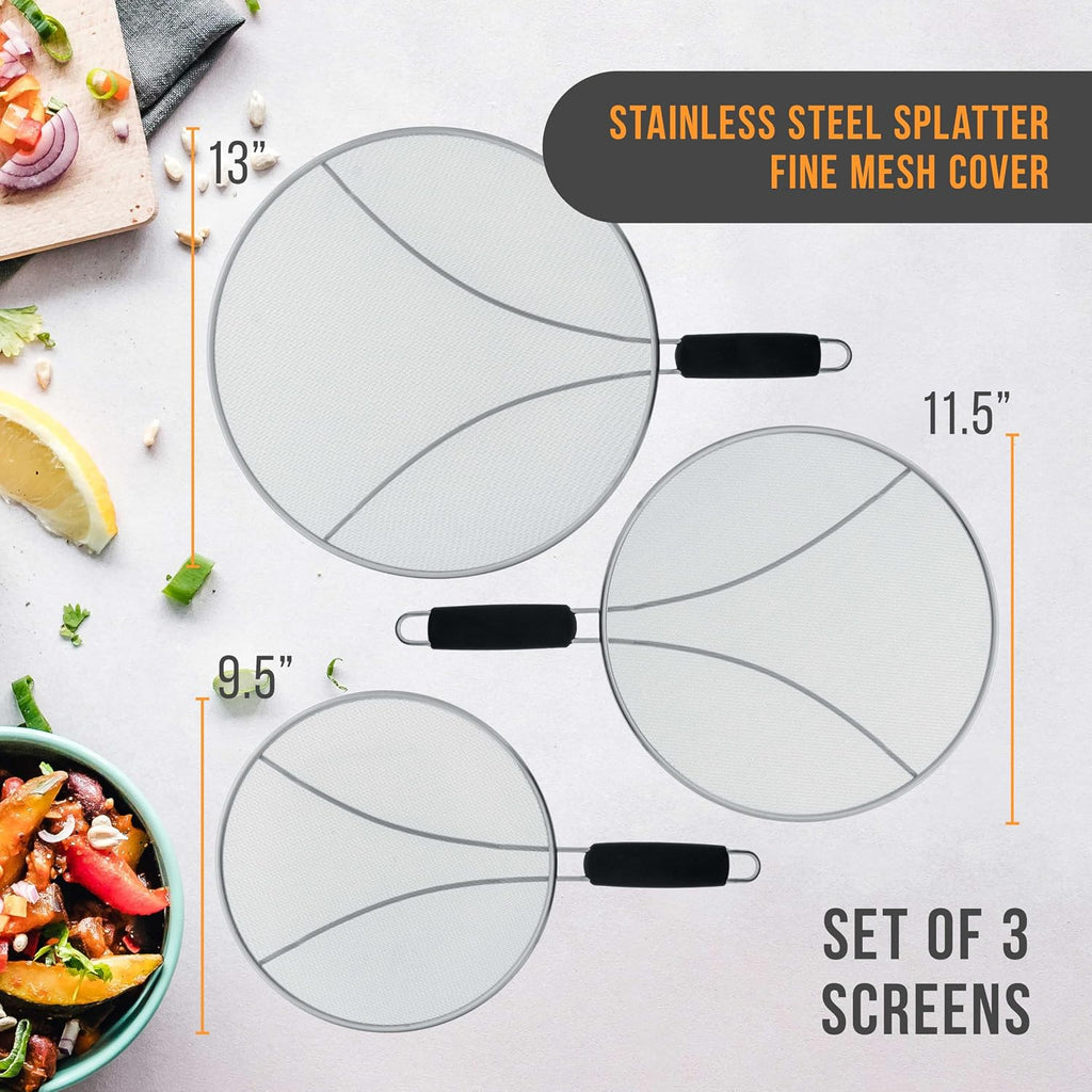 U.S. Kitchen Supply 3-Piece Stainless Steel Splatter Guard Set (13", 11.5", 9.5") Fine Mesh Cover, Grease & Oil, Splatter Screen For Frying Pan, Cooking Pots, With Resting Feet & Comfort Grip Handles
