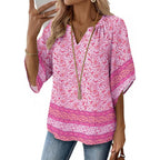 Zeagoo Womens Tops 3/4 Sleeve V Neck Bohemian Blouses Casual Loose Fit Tunic Boho Shirts Floral Printed Clothes