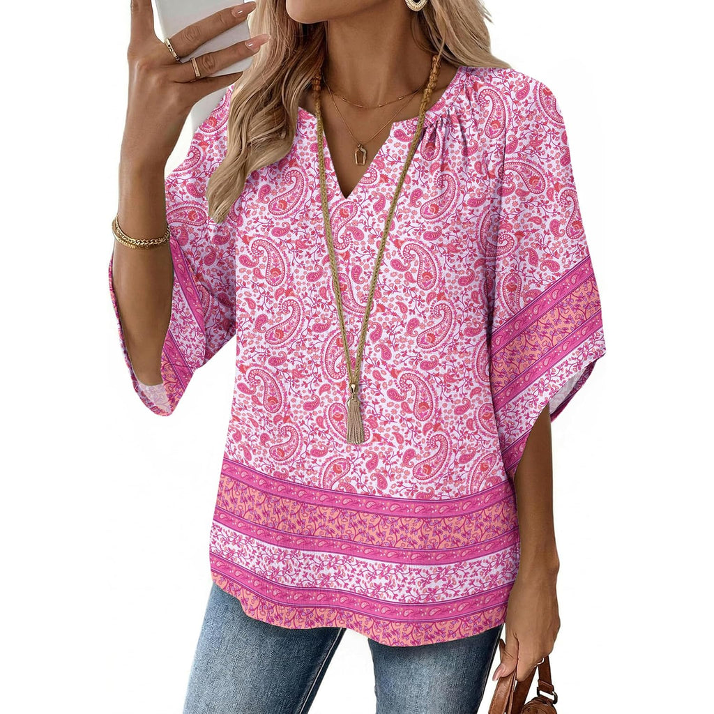 Zeagoo Womens Tops 3/4 Sleeve V Neck Bohemian Blouses Casual Loose Fit Tunic Boho Shirts Floral Printed Clothes