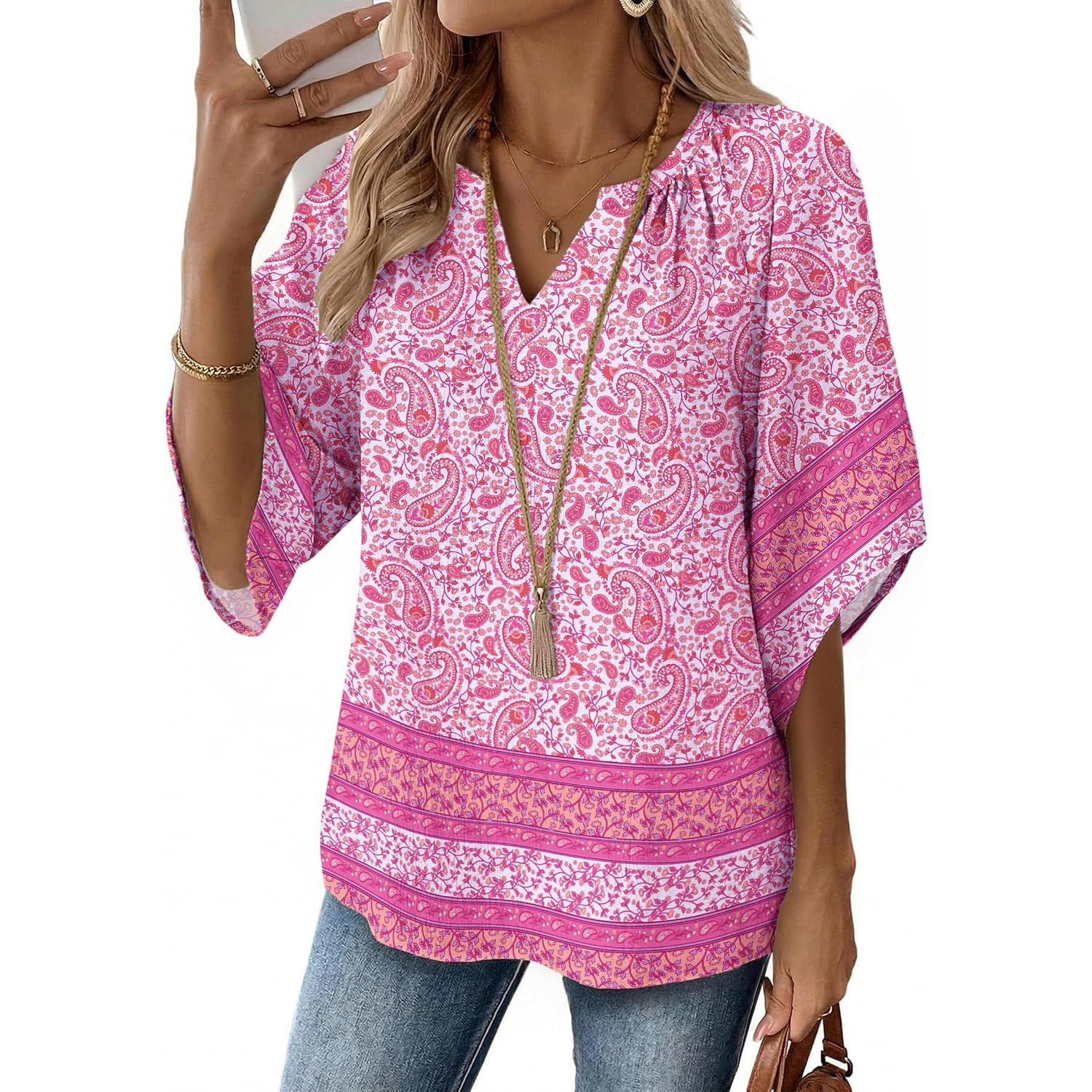 Zeagoo Womens Tops 3/4 Sleeve V Neck Bohemian Blouses Casual Loose Fit Tunic Boho Shirts Floral Printed Clothes